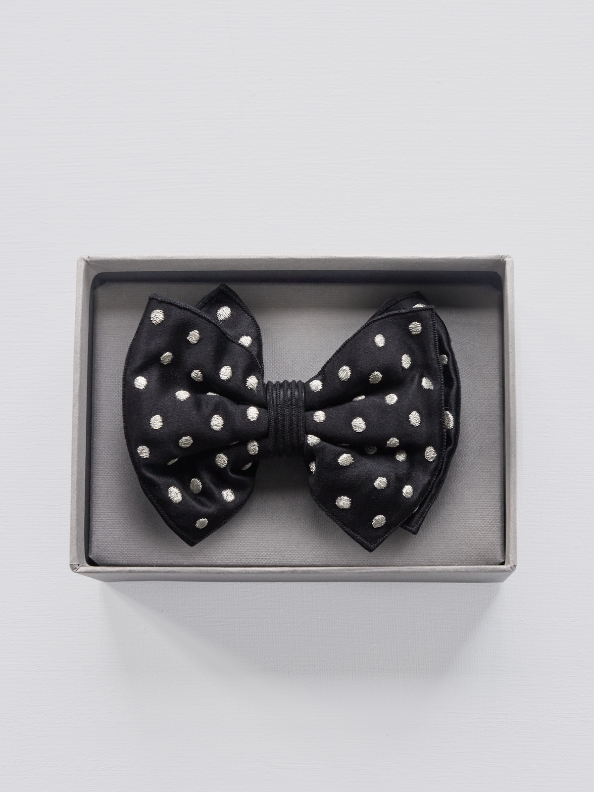 Open silver P black satin